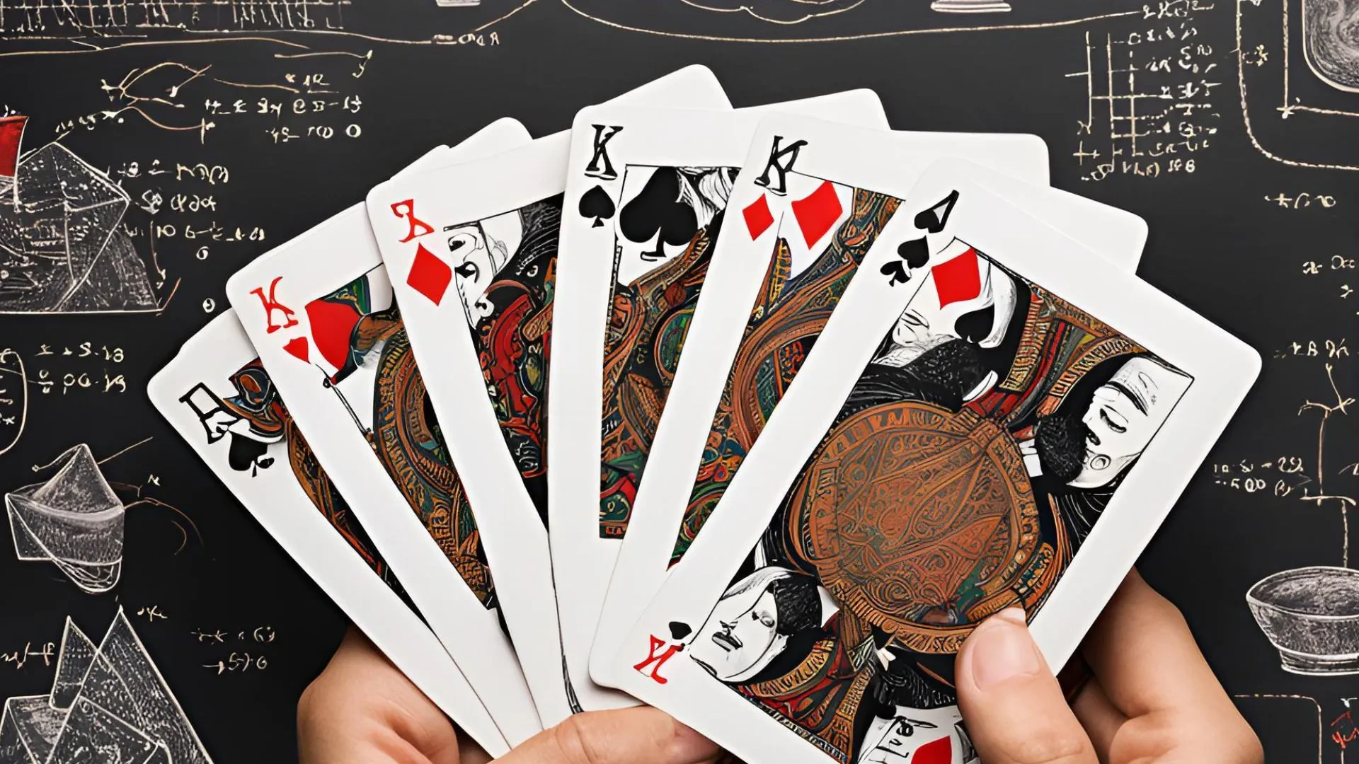 A deck of cards laid on top of a background with some mathematical equations